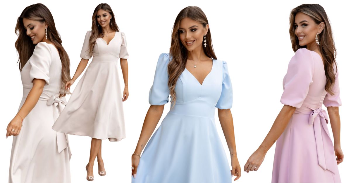 Beżowa niebieska różowa klasyczna sukienka midi Viki z bufkami i dekoltem V